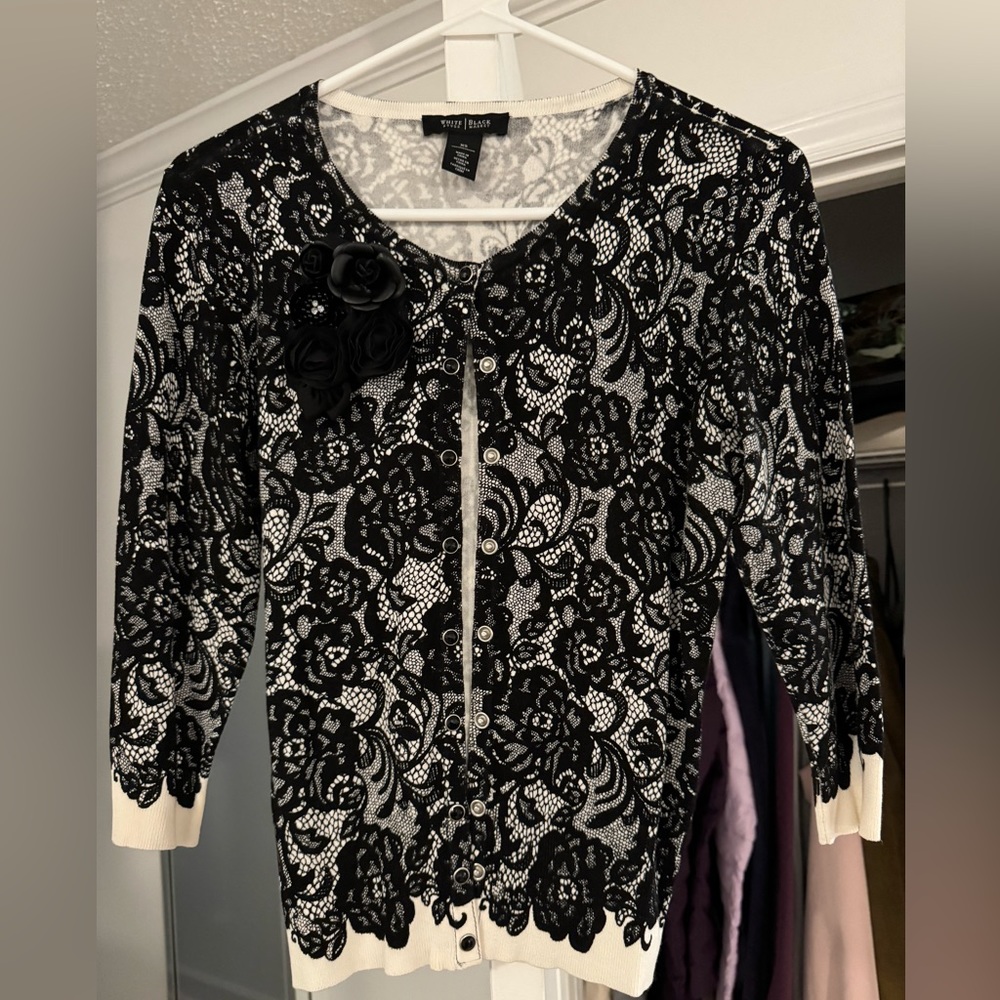 WHBM Black Lace Pattern Button Cardigan XS. Lace is printed